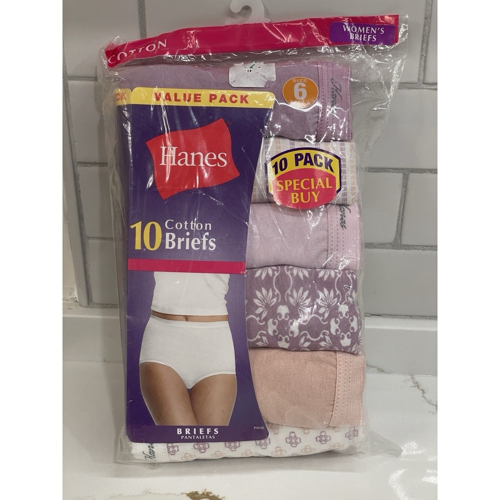 Hanes Briefs Panties Women Size 6/Medium Cotton White Purple 10‎ Pack New 2009